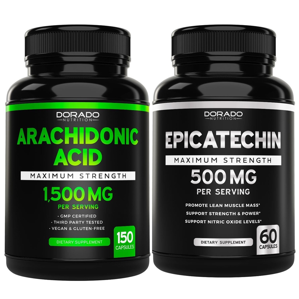 Acides arachidoniques (150 capsules) - Supplément musculaire et de force pour la masse musculaire et la récupération pour les hommes et les femmes et l'extrait d'épicatéchine (60 capsules) soutient la pompe musculaire maigre et gains - non-OGM et végétalien