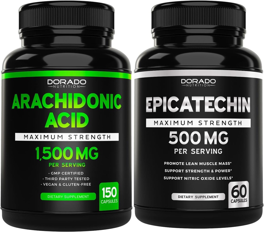 Acides arachidoniques (150 capsules) - Supplément musculaire et de force pour la masse musculaire et la récupération pour les hommes et les femmes et l'extrait d'épicatéchine (60 capsules) soutient la pompe musculaire maigre et gains - non-OGM et végétalien
