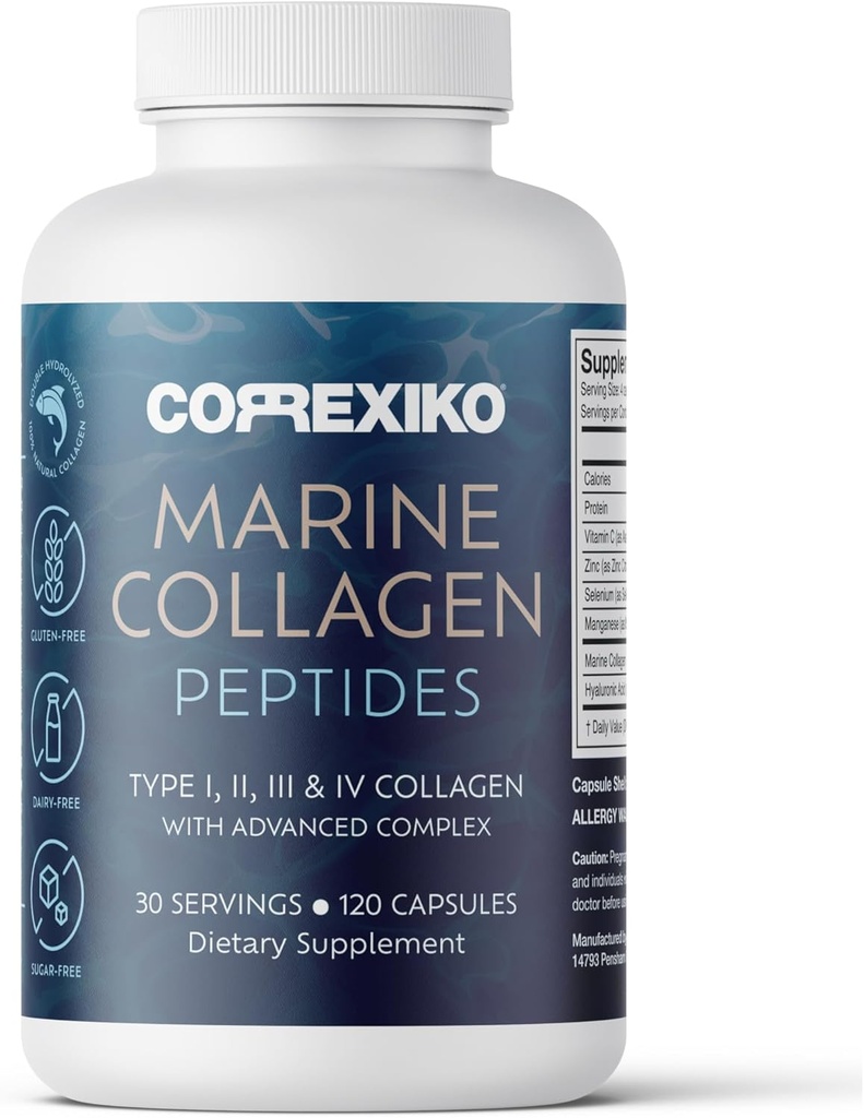 CORREXIKO Pilules de supplément de collagène marin - 1800mg Peptides de collagène hydrolysé par service avec l'acide hyaluronique ajouté, vitamine C et minéraux - pour cheveux, peau et ongles - 120 capsules 30 jours d'approvisionnement