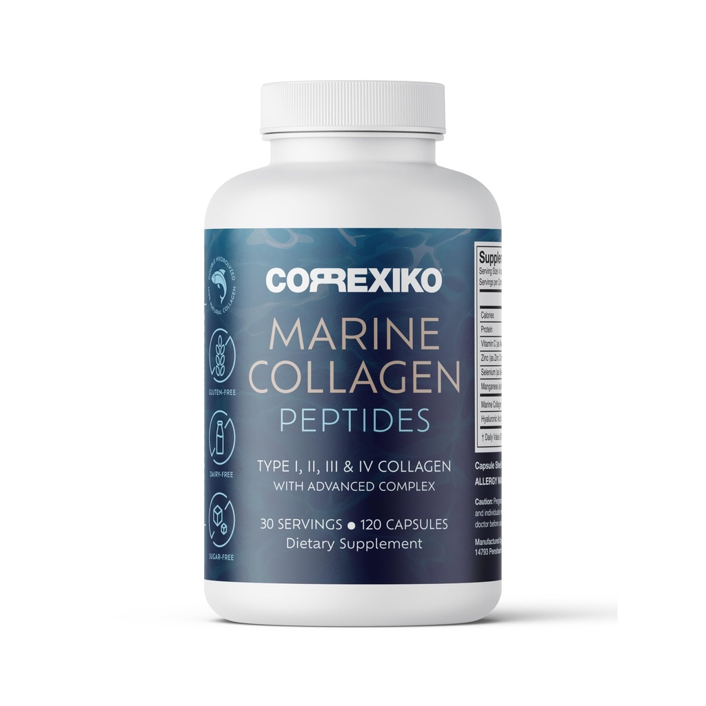 CORREXIKO Pilules de supplément de collagène marin - 1800mg Peptides de collagène hydrolysé par service avec l'acide hyaluronique ajouté, vitamine C et minéraux - pour cheveux, peau et ongles - 120 capsules 30 jours d'approvisionnement
