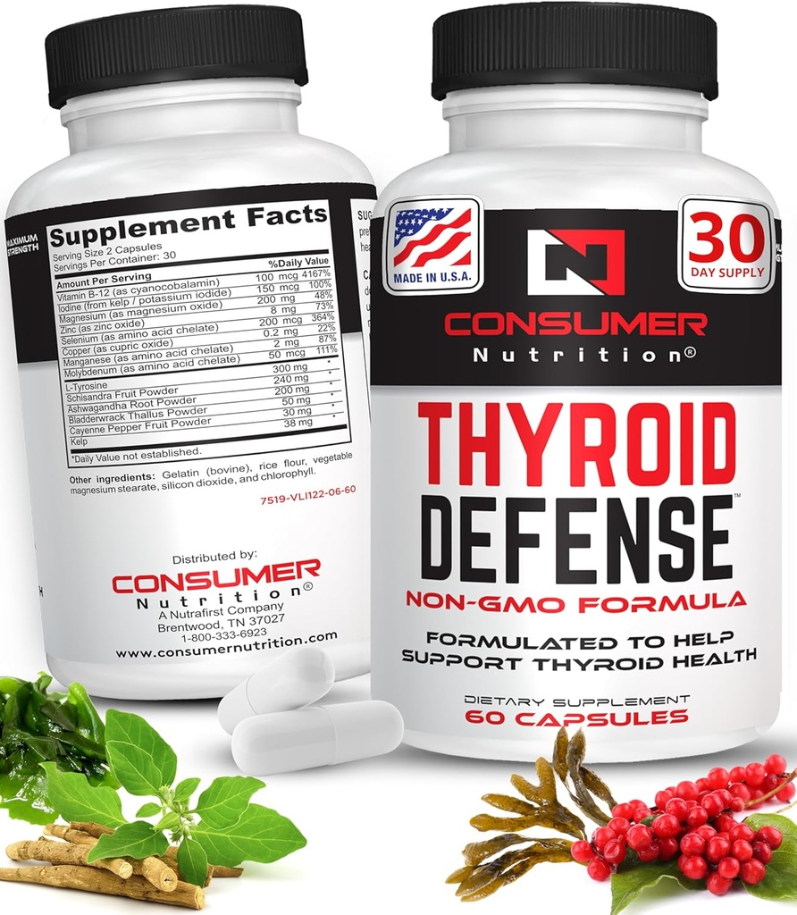 Thyroid Support for Women & Men - Ashwagandha, Cayenne, Schisandra, & Kelp for Thyroid Health - Zinc, Vitamin B12 & Iodine Supplements for Thyroid - Thyroid Defense 30 Capsules