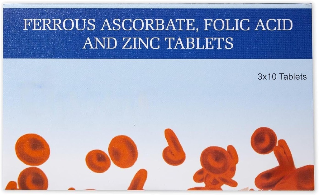 Ferrous Ascorbate and Folic Acid Tablets | with Zinc | Supplement for Iron Deficiency for Women and Men | Energy and Immunity Booster | 30 Tablets