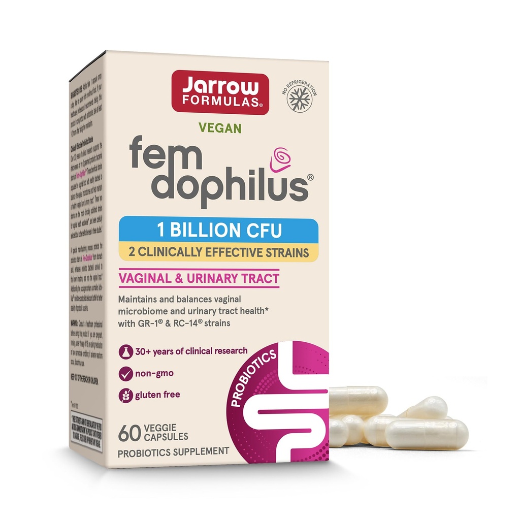 Formules de Jarrow Probiotiques vaginaux Fem-Dophilus 1 Million CFU avec 2 souches à l'appui de la science, supplément alimentaire pour le soutien du système vaginal et urinaire, 60 capsules, 60 jours d'approvisionnement, probiotiques stables sur plateau