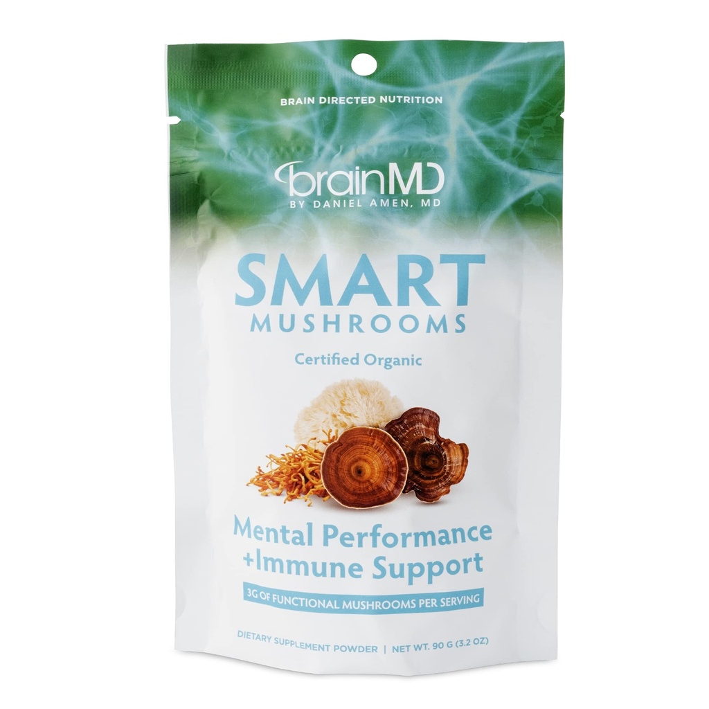 BRAINMD Dr Amen Smart Champignons - 3,2 oz - Performance mentale + Soutien immunitaire - Vegan, sans OGM, sans gluten - 30 portions