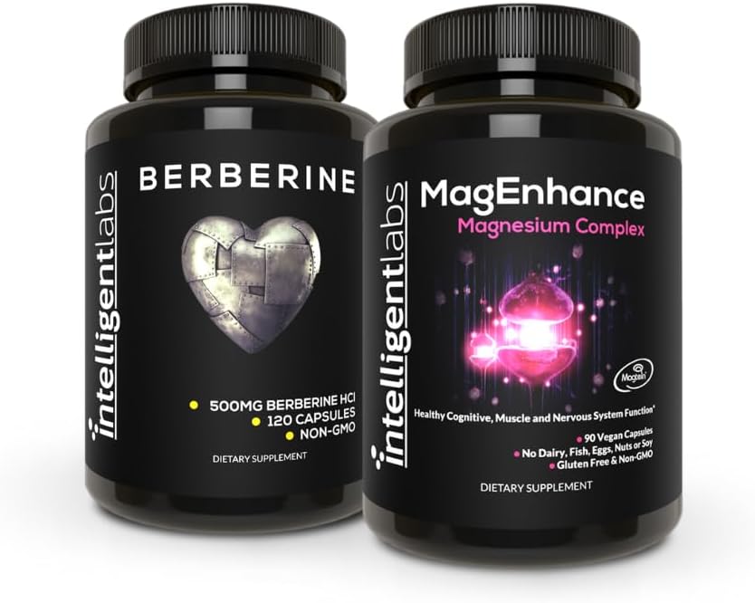 Labs Intelligent 2-en-1 Bundle de MagEnhance Supplément Magnésium (Magnesium L-Thréonate Complex avec Mg Glycinate et Mg Taurate) et Max Strength Berberine 500MG Capsules