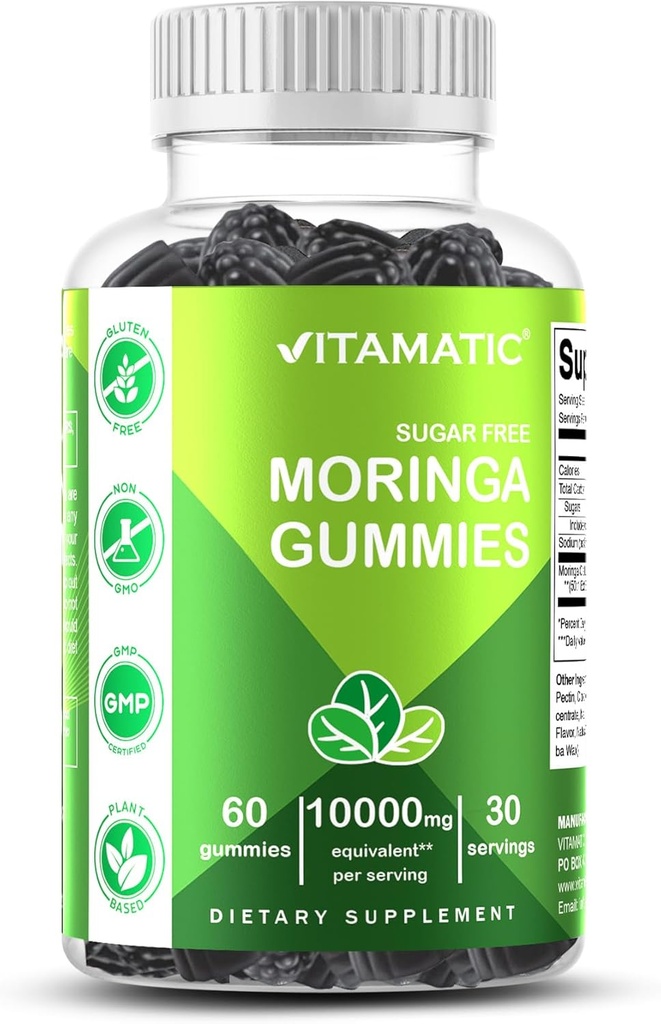Moringa sans sucre vitamatique Gommies – 10 000 mg équivalent par portion (à partir de 200 mg d'extrait de 50:1) – Supplément vert Superfood – 60 Gommies végétaliens à base de pectine – Pas de sucre ajouté