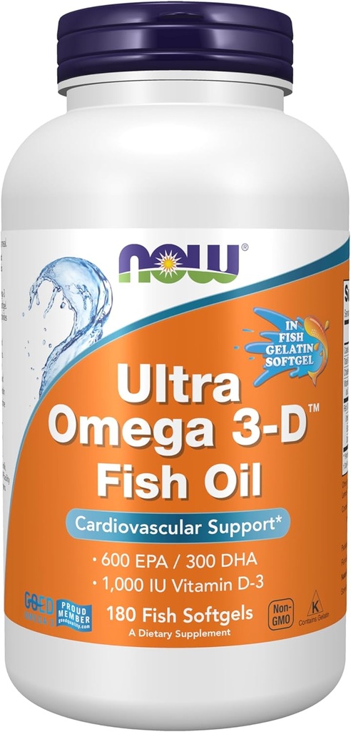 MAINTENANT Compléments alimentaires, Ultra Omega 3-DTM, Omega 3 Huile de poisson + Vitamine D-3, Soutien cardiovasculaire*, 180 Softgels