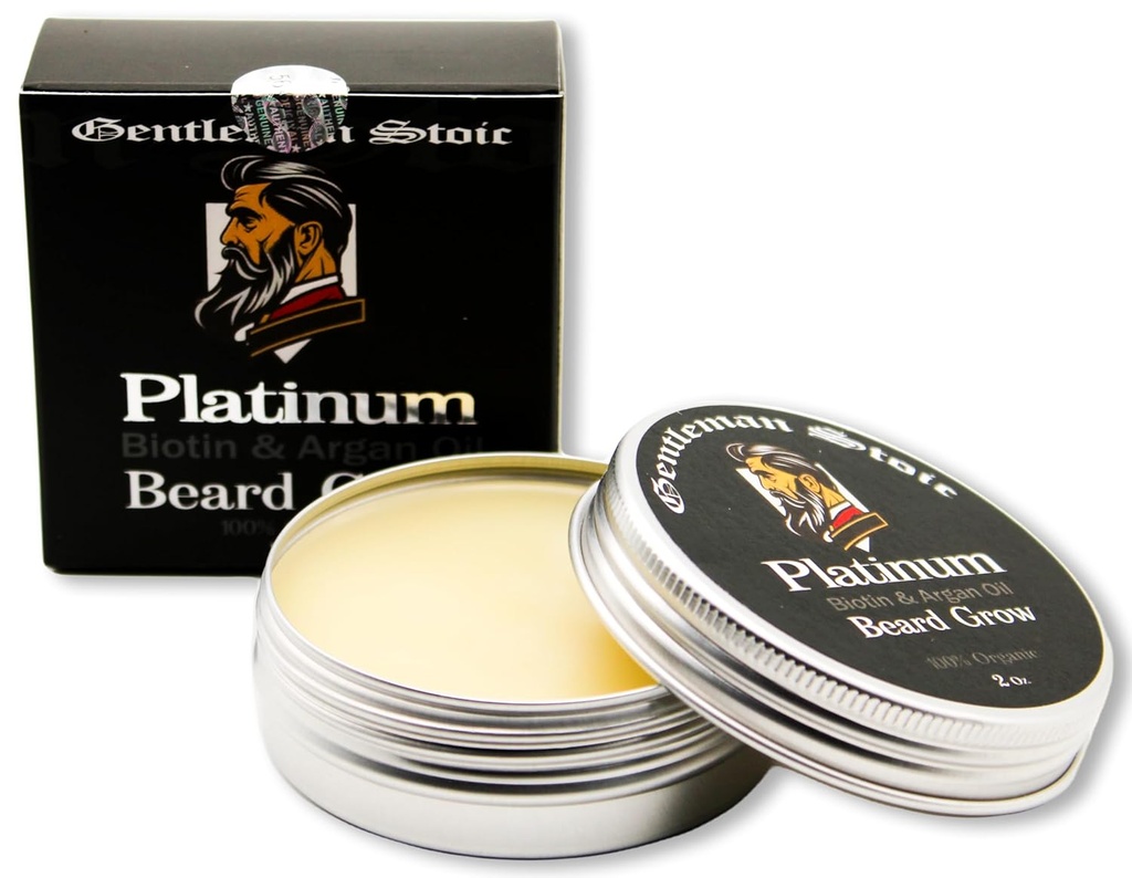Platinum Beard Grow– All Natural Beard Balm for Men - Biotin Baume amélioré avec Argan et vitamine E Laisser infusé dans le conditionneur de barbe pour les hommes – Vanilla Spice (2oz – Pack de 1)