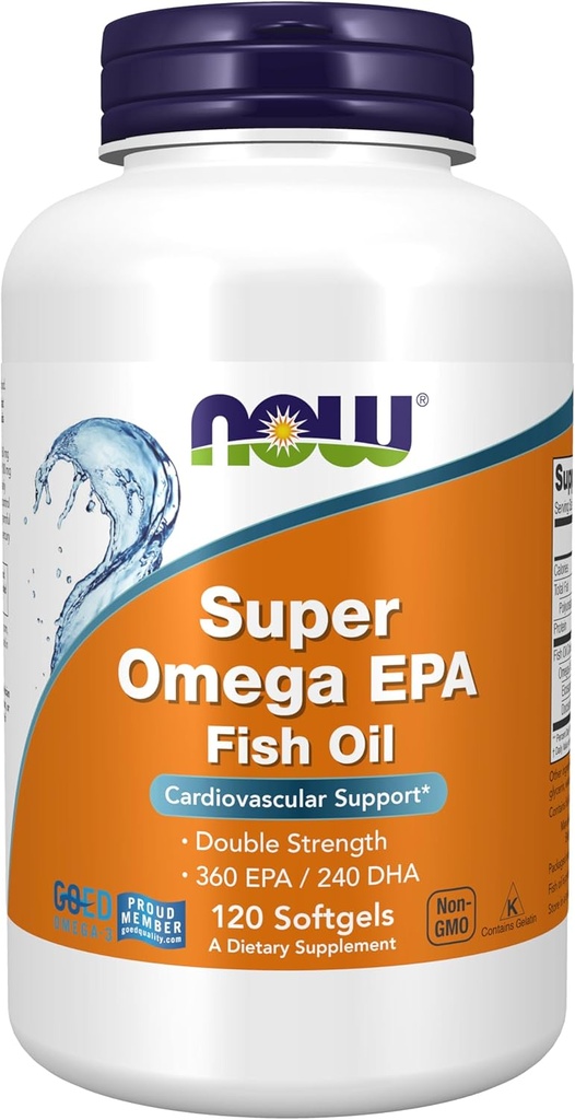 MAINTENANT compléments alimentaires, Super Omega EPA, 360 EPA / 240 DHA, Distillé moléculairement, support cardiovasculaire*, 120 softgels