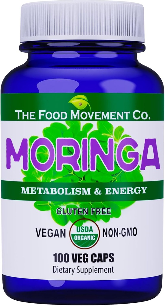 Le mouvement alimentaire CO. Moringa - Superfood biologique certifié, mieux-être du corps entier, soutien de l'énergie naturelle, soutient le métabolisme sain - 100 capsules végétaliennes