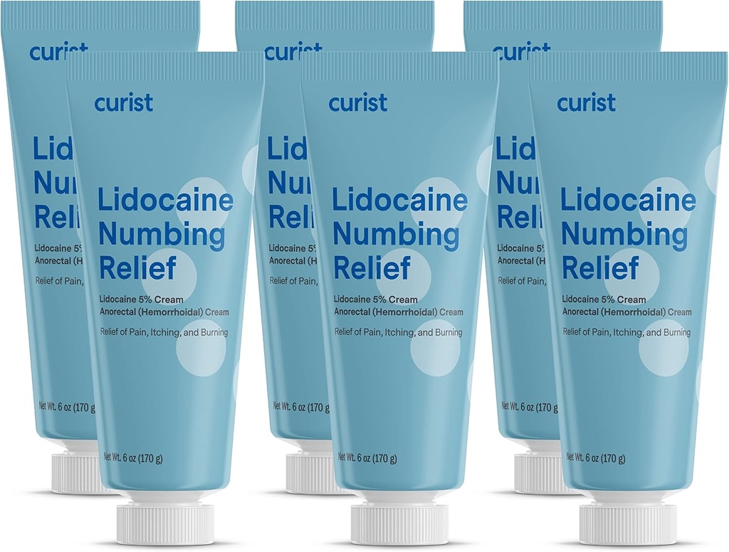 Curist 5% Crème de Lidocaine Crème de douleur topique - (6 oz Tube, Pack de 6) XL Tube - Peau de Numb rapidement et efficacement avec 5% Crème de Numbing de Lidocaine (6 Pack - 36 oz Total)