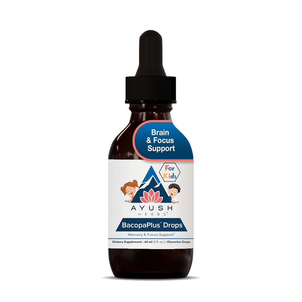 Ayush Herbes BacopaPlus gouttes pour les enfants - Focus pour les enfants et supplément attention avec Bacopa, Ashwagandha, Ginkgo, soutien pour le cerveau et la mémoire, ingrédients organiques - 2 Fl Oz (80 portions)