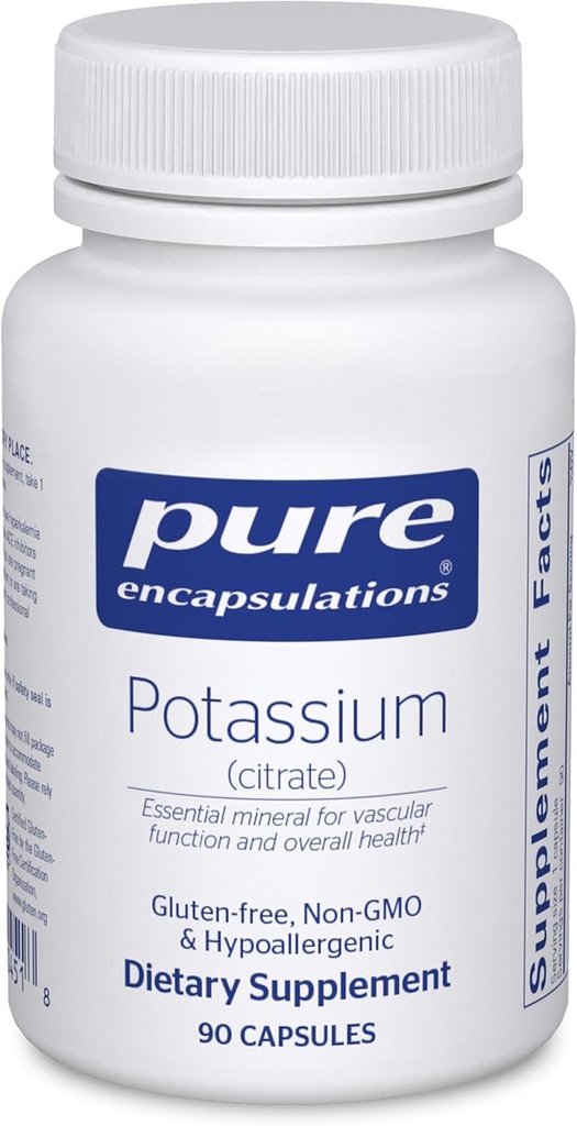 Encapsulations pures Potassium (Citrate) - Supplément électrolytique essentiel pour soutenir la fonction nerveuse et musculaire, adrénales, hormones, santé cardiaque et énergie* - Capsule de citrate de potassium - 90 Capsules