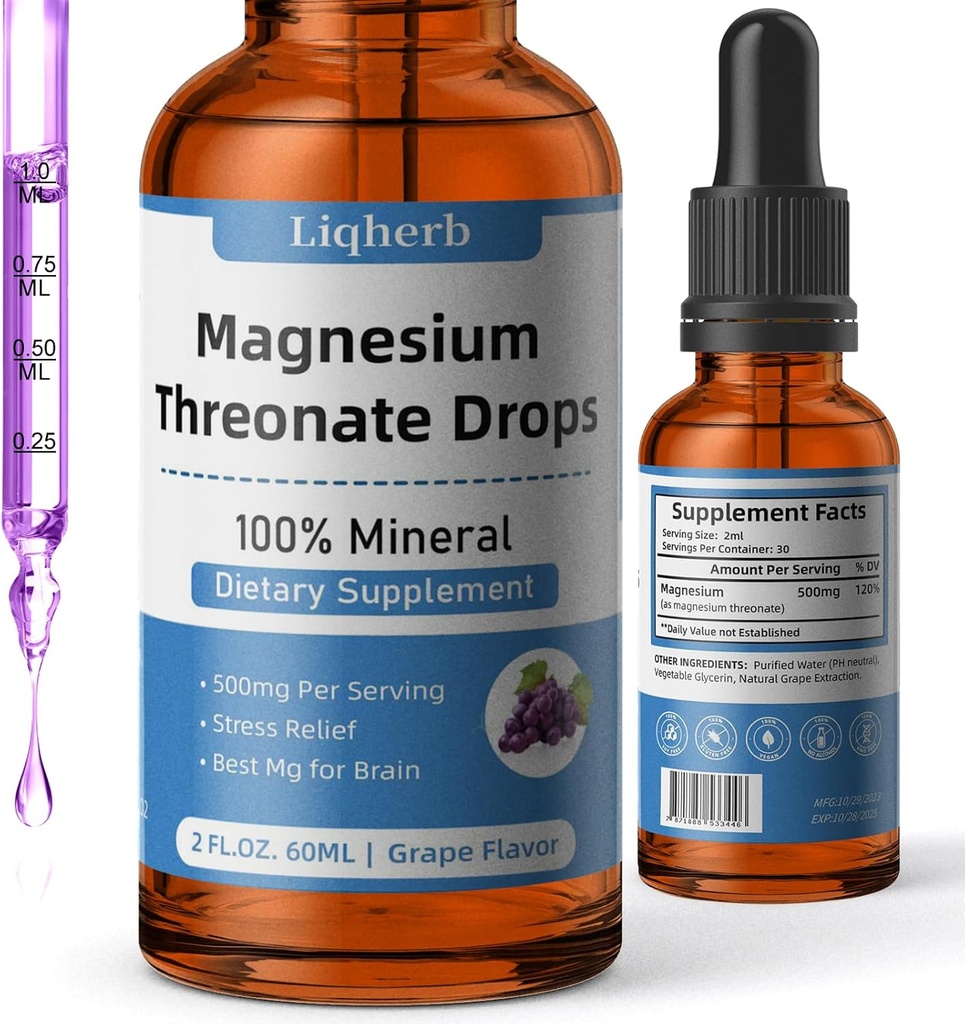 Thréonate de magnésium liquide 500mg, pour les adultes et les enfants, base de glycérine végétale avec meilleure dissolve, meilleur Mg pour la santé du cerveau, le stress et le soulagement musculaire, la santé nerveuse, non-OGM, sans gluten, végétalien, 2 FL.OZ.