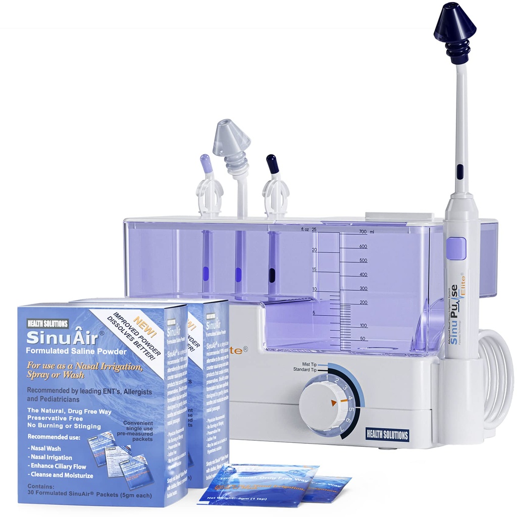 Système avancé d'irrigation nasale SinuPulse Elite - Relief de congestion du sinus pulsant et machine à rincer le sinus, plus efficace que le pot de Neti, le spray nasal ou la bouteille de lavage nasal, avec 90 packets SinuAir