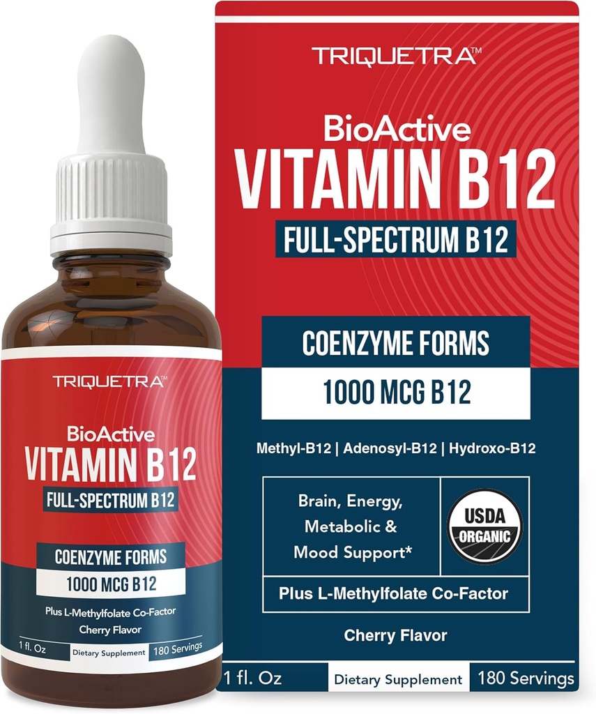BioActive Vitamine B12 1000 mcg.Contient 3 formes bioactives B12 Plus Cofacteur méthylfolié - Méthyl B12, Adénosyl B12 & Hydroxy B12.Forme sublinguale, Saveur de cerise, biologique, végétalien (180 portions)