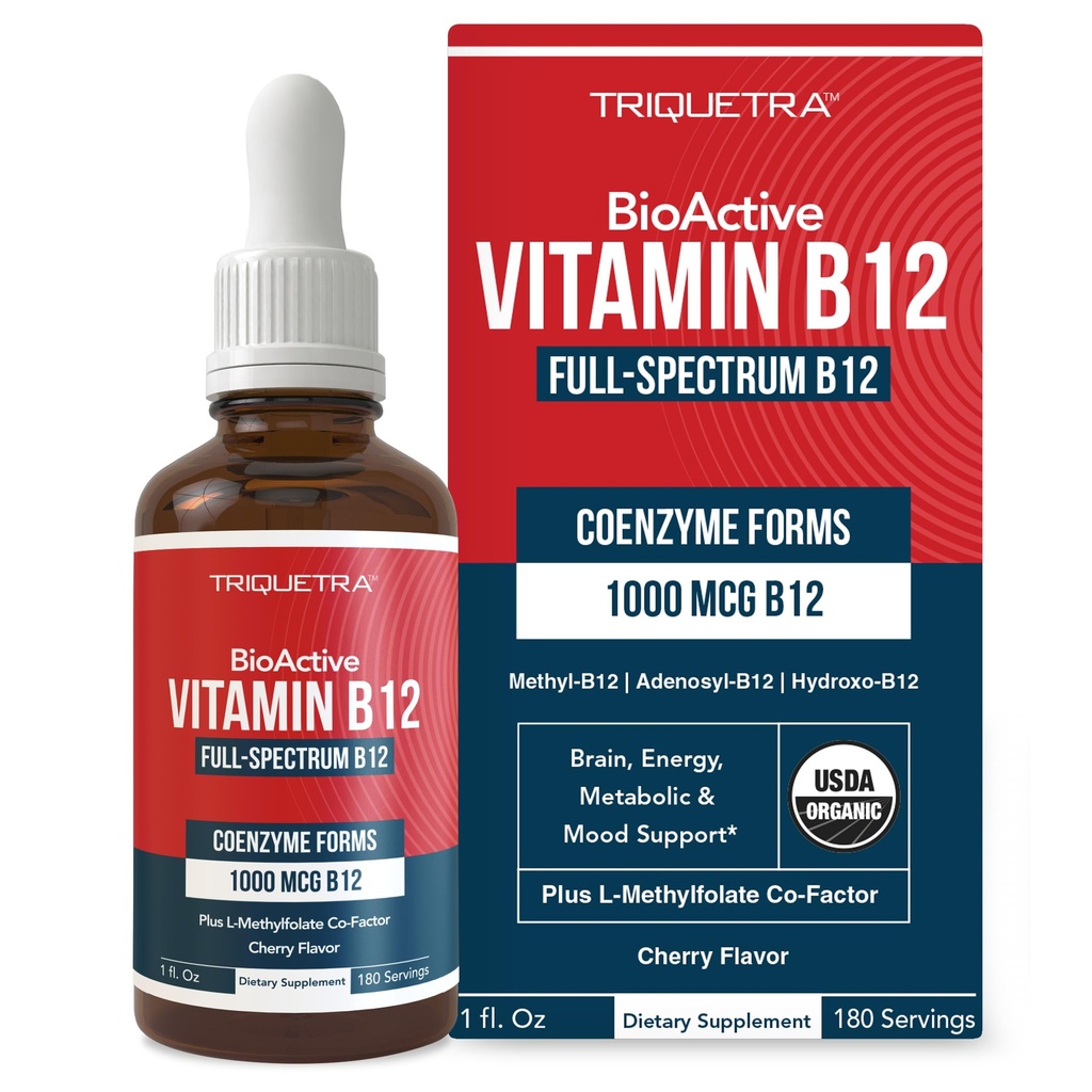 BioActive Vitamine B12 1000 mcg.Contient 3 formes bioactives B12 Plus Cofacteur méthylfolié - Méthyl B12, Adénosyl B12 & Hydroxy B12.Forme sublinguale, Saveur de cerise, biologique, végétalien (180 portions)