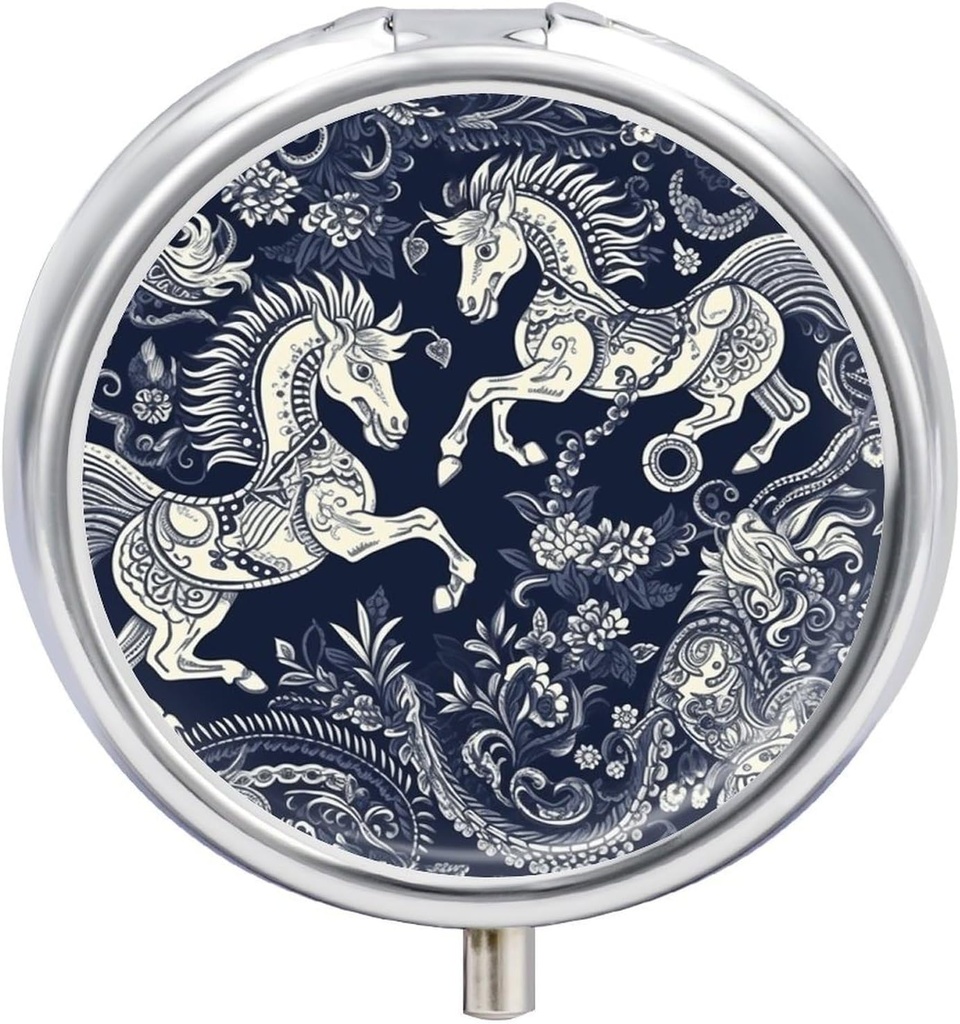 Boîte à pilules ronde Chinese Horse Pattern Imprimé 3 Compartiment petit cas de pilule Portable Pill Conteneur pour tenir des suppléments Vitamines Huile de poisson Médicaments