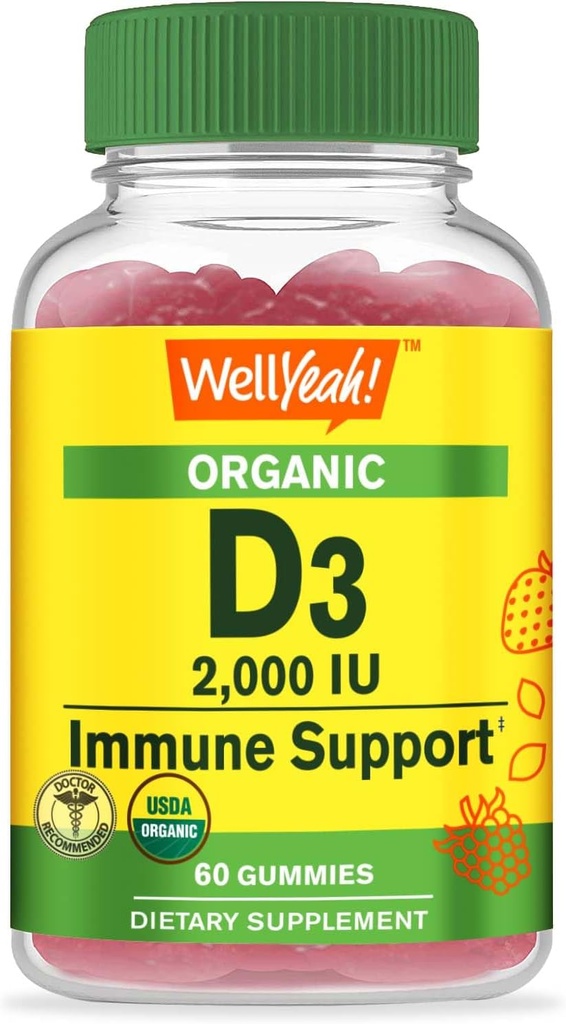 Eh bien oui Vitamine biologique D3 2000 UI (50 mcg) Gommies - soutient les os, la force musculaire et l'immunité - Non-OGM, sans gluten - USDA Organic - Saveurs naturelles - 60 Gommies
