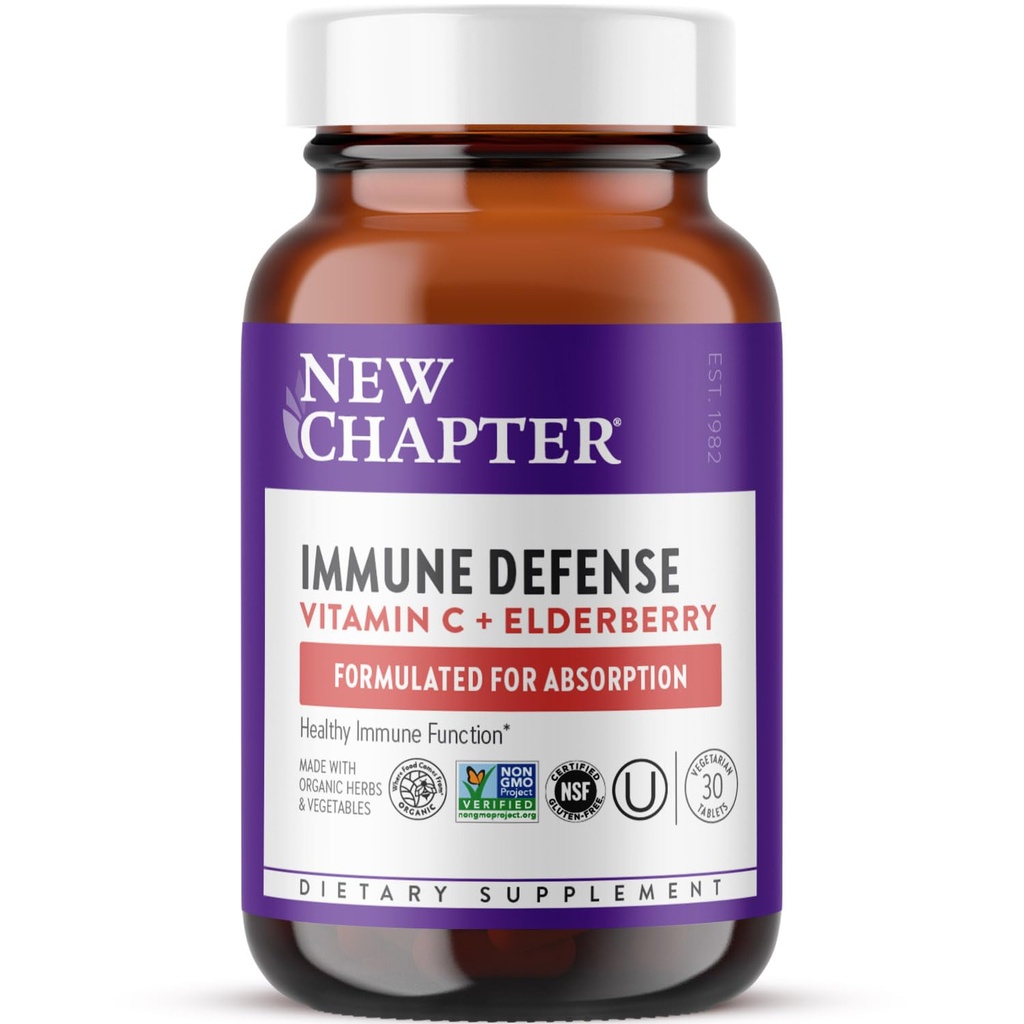 New Chapter® Vitamine C Immuni Defense Supplement + Elderberry – Excellente source de vitamine C, une tablette quotidienne pour un soutien immunitaire sain, faite avec des herbes biologiques, non-OGM, sans gluten, 30 ct