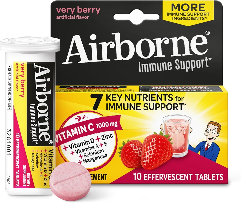 Vitamin C 1000mg (per Serving) - Airborne Very Berry Effervescent Tablets (10 Count in a Box), Gluten-Free Immune Support Supplement, with Vitamins A C E, ZINC, Selenium, Echinacea & Ginger