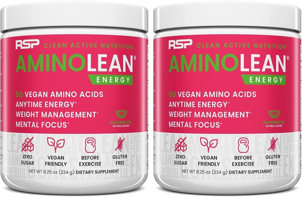 RSP NUTRITION AminoLean poudre de pré-entraînement, Amino énergie et gestion du poids avec BCAA Amino Acides et caféine naturelle, boost de pré-entraînement pour les hommes et les femmes, 30 portions (paquet de 2)