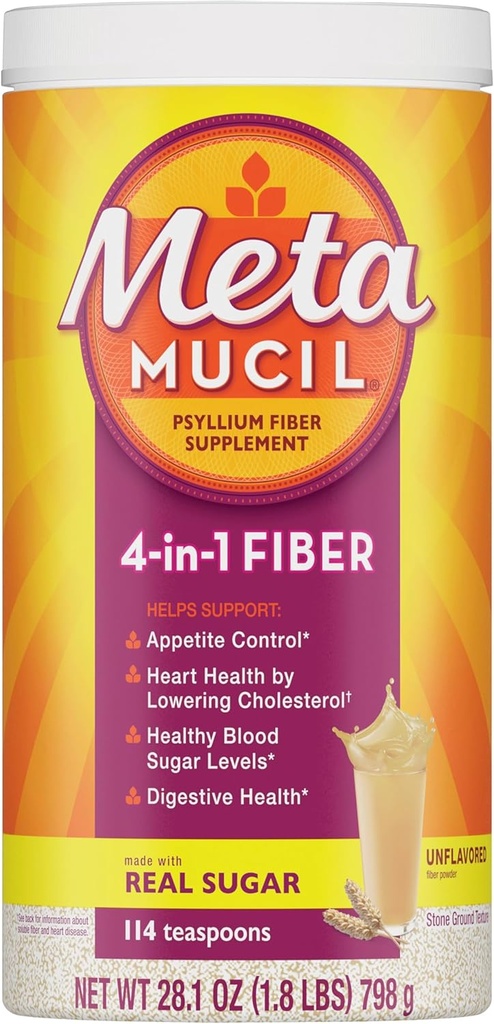 Métamucil, Poudre de Psyllium Husk, Texture originale non aromatisée, avec sucre, 114 portions, supplément de fibre de 4-en-1, Poudre de fibre de Psyllium Husk quotidienne Aidez à soutenir la santé digestive en favorisant la régularité*