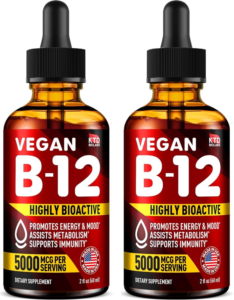 Pack de 2 - B12 Des gouttes sublinguales de 5000 mcg - Fabriquées aux États-Unis - Vitamines Vegan B12 pour l'énergie, l'humeur et la mémoire - Des gouttes sublinguales hautement biodisponibles - Méthylcobalamine pour les femmes et les hommes - 2 fl. oz.