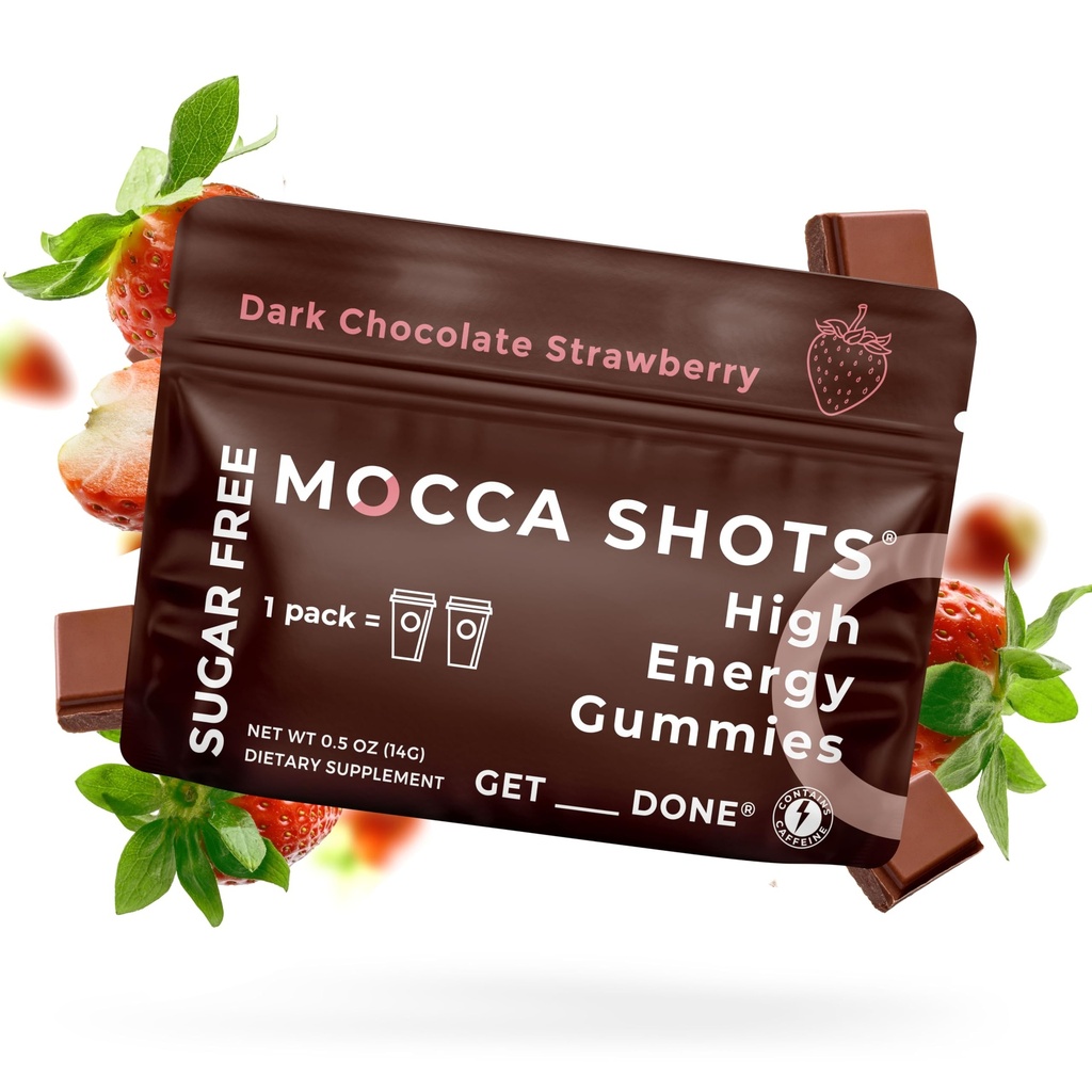 SGC Concentration la plus élevée 100mg Caféine par Gummy, 2 Gummies par paquet, 6-Pack Mocca shots sans sucre fraise à base de plante d'énergie instantanée nootrope avec Ginkgo biloba, Theobromine.