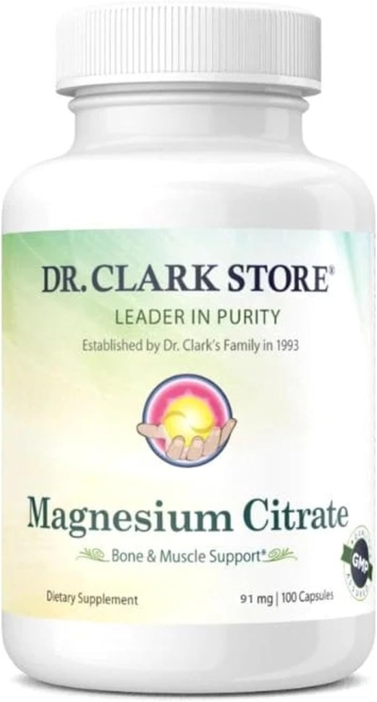 Dr Clark Store Citrate de magnésium – 91mg, 100 capsules, soutient la production d'énergie, la fonction enzymatique et la santé du système nerveux