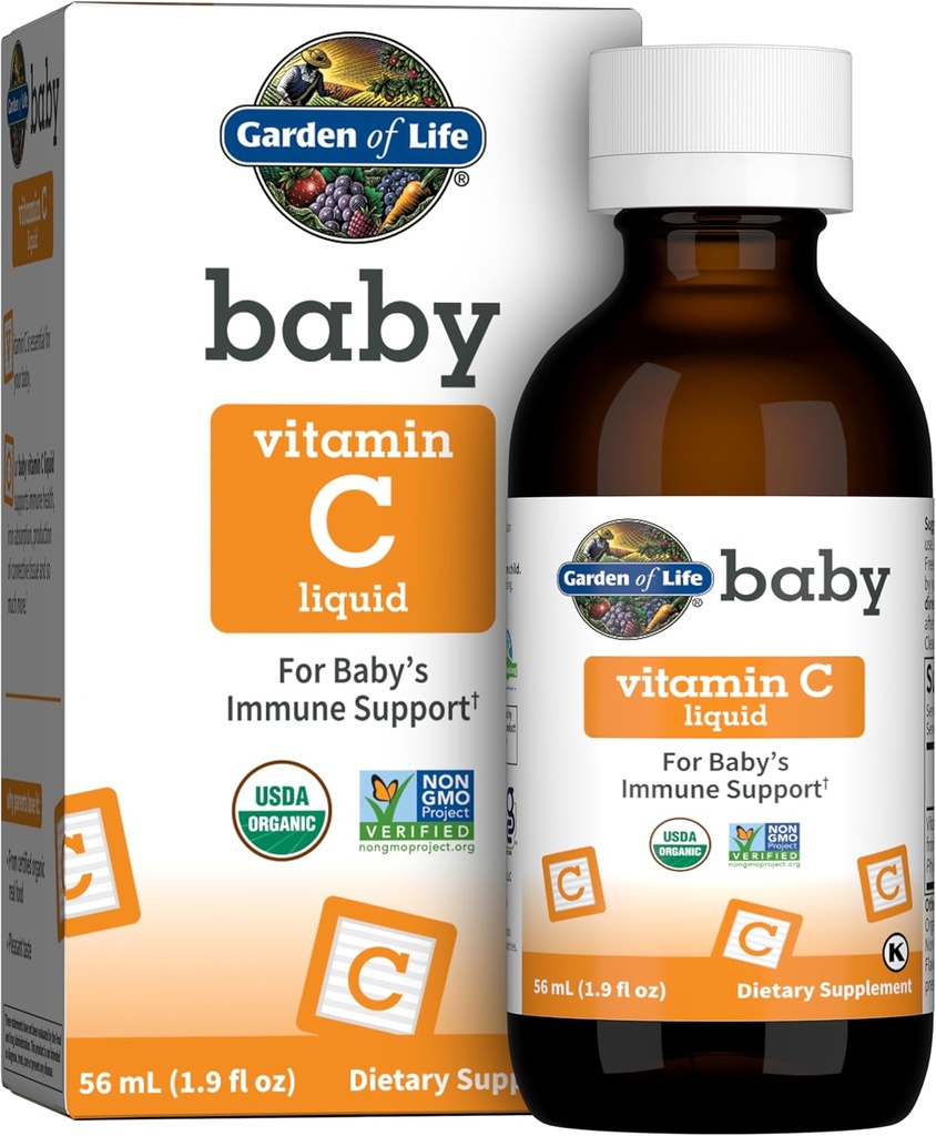Jardin de la vie Bébé Vitamine C gouttes pour bébés et tout-petits, aliments biologiques entiers Vitamine liquide C 45mg Immmune Soutien pour bébés de fruits Amla, Citrus Flavor, végétalien et sans gluten, 56 mL (1,9 fl oz)
