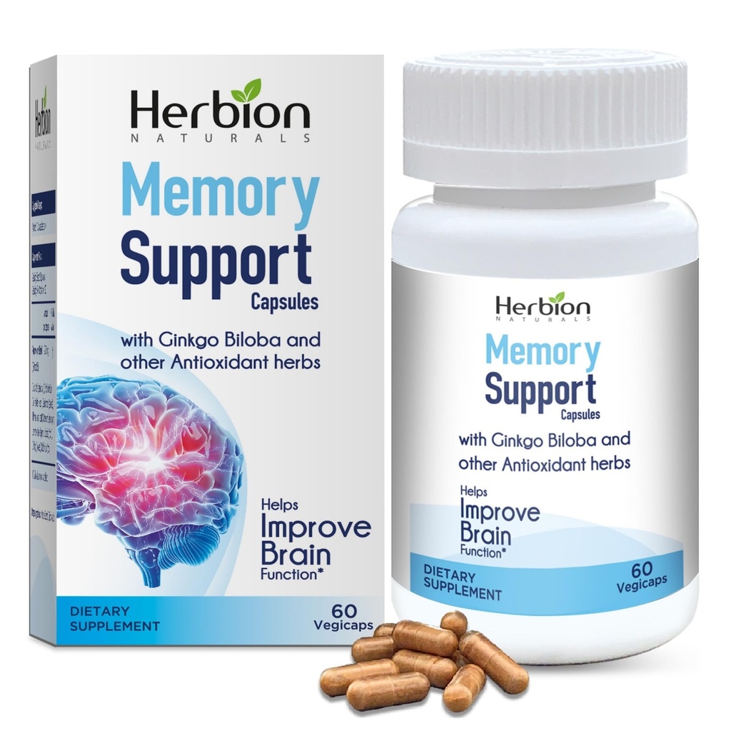 HERBION Naturals Prise en charge de la mémoire Capsules, aide à améliorer la fonction cérébrale et l'esprit absent, maintient des niveaux d'humeur sains avec Ginkgo Biloba, pour les adultes, 60 comtes, pack de 1