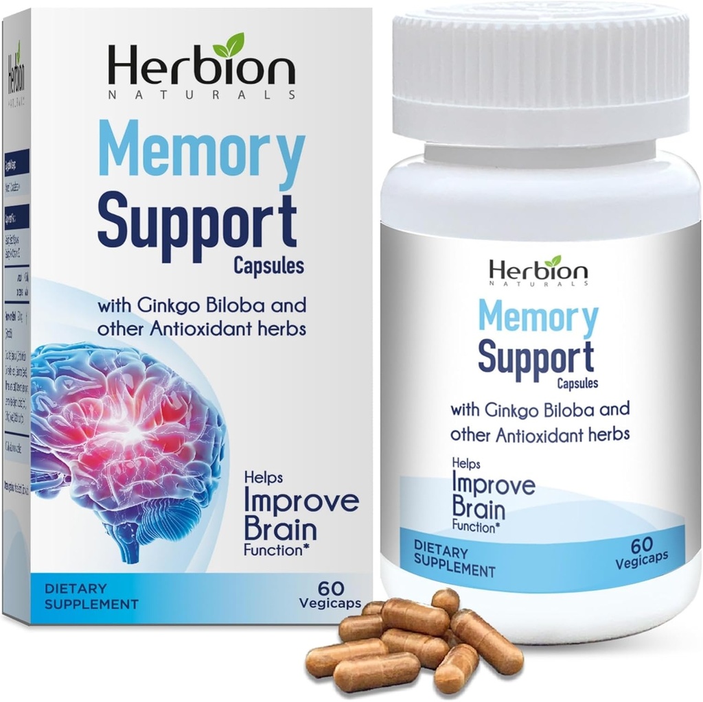 HERBION Naturals Prise en charge de la mémoire Capsules, aide à améliorer la fonction cérébrale et l'esprit absent, maintient des niveaux d'humeur sains avec Ginkgo Biloba, pour les adultes, 60 comtes, pack de 1
