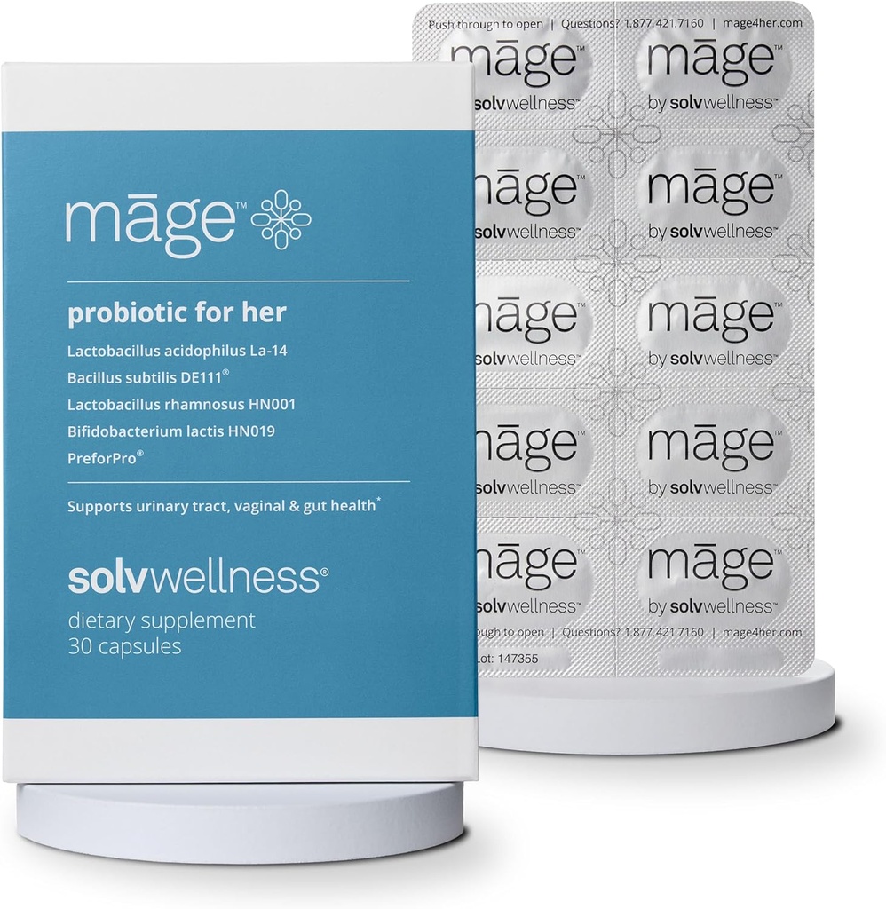 Māge by Solv Wellness Probiotic pour elle, les femmes quotidiennes, les prébiotiques et les probiotiques mélangent des suppléments nutritionnels pour l'équilibre PH digestif, vaginal, soutien de la santé urinaire, 30 capsules