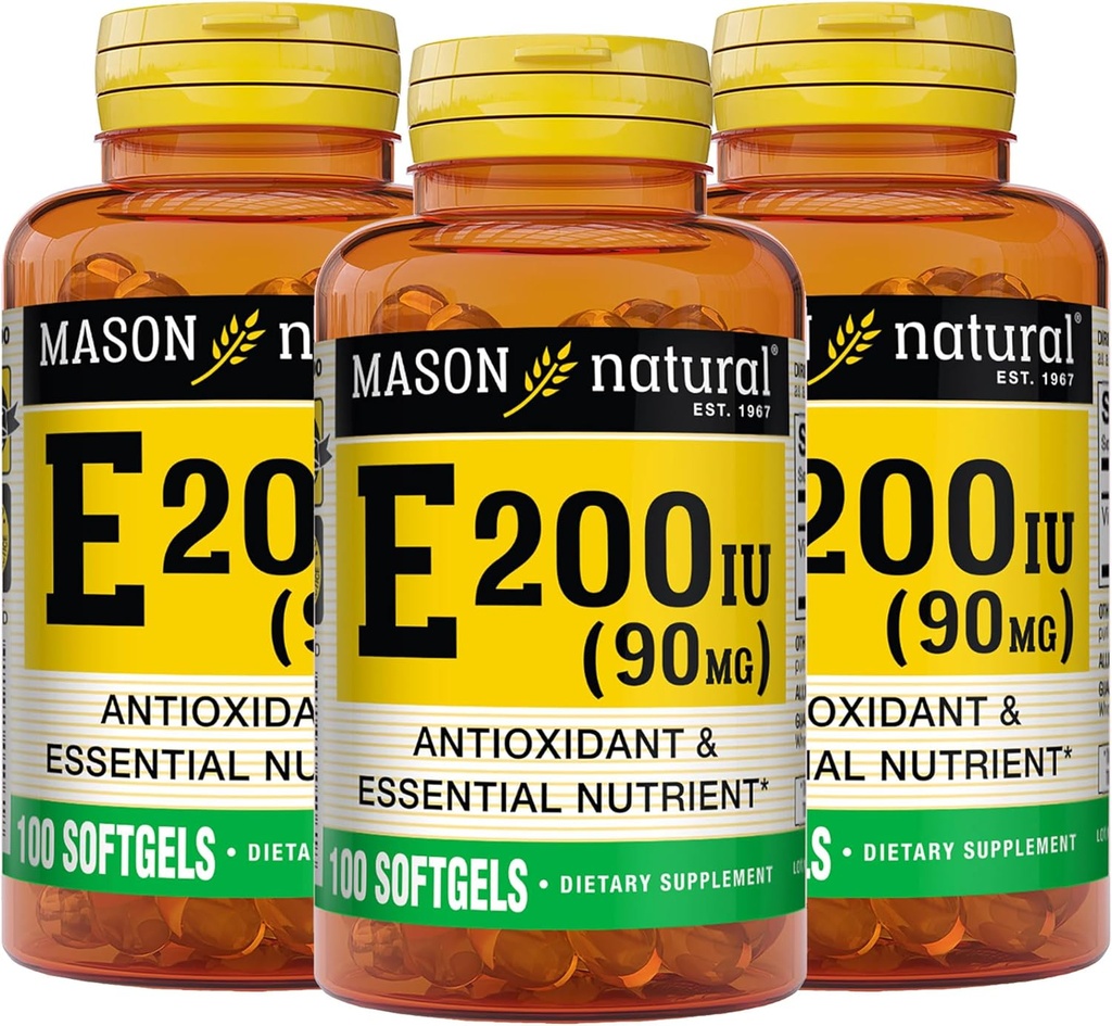 MASON NATURAL Vitamine E 90 mg (200 UI) - Antioxydant et nutriment essentiel, système immunitaire sain, peau et yeux, supplément du corps entier, 100 softgels (paquet de 3)