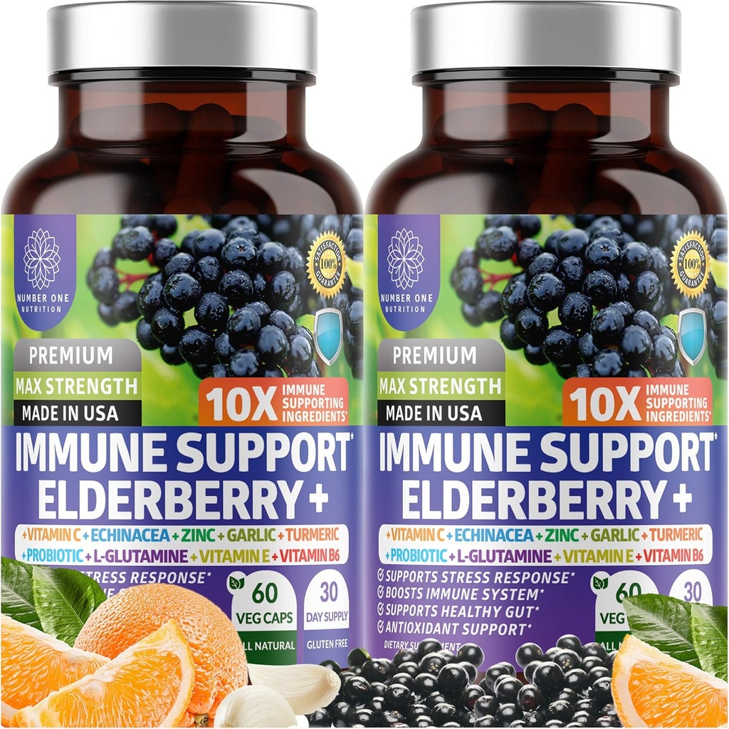 2 Pack N1N Premium 10 en 1 Immune Supplément de soutien [10 Potent Ingredients] avec Elderberry, Vitamine C, Zinc, Echinacea, Curcumine curcuma, Ail et Probiotiques pour Adultes, 120 Vég.