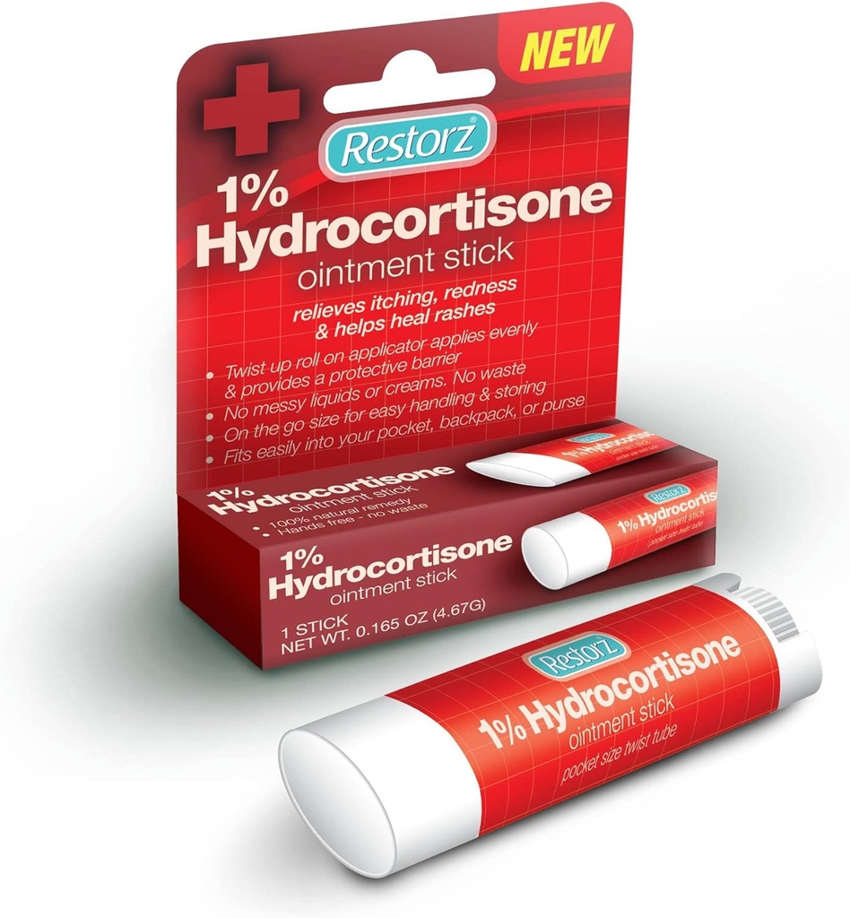 Restorz Hydrocortisone 1 % bâton de traitement à la crème (1 paquet) - Non Mess Taille de voyage Onguent Applicateur pour le soutien doux / Portable et facile à utiliser / Relief d'action rapide pour les démangeaisons, les morses, la rougeur et les crêpes