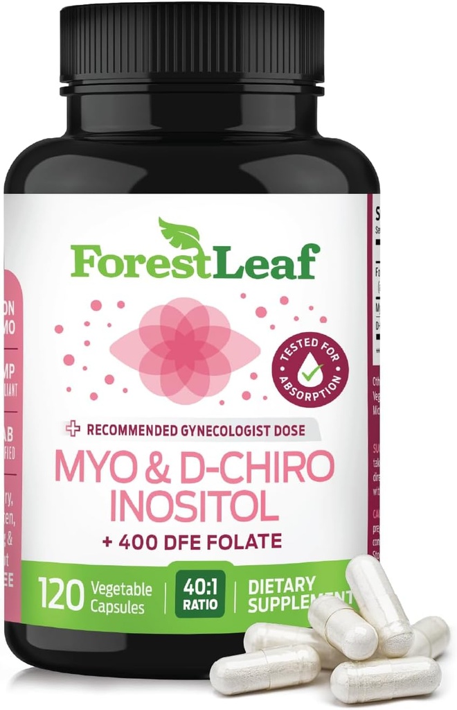 Myo-Inositol et D-Chiro Inositol Supplément pour la santé des femmes , Suppléments de fertilité Femmes , Inositol 40:1 Ratio Soutien Fonction ovarienne et équilibre hormonal sain Femmes , 2050mg , 120 capsules en poudre