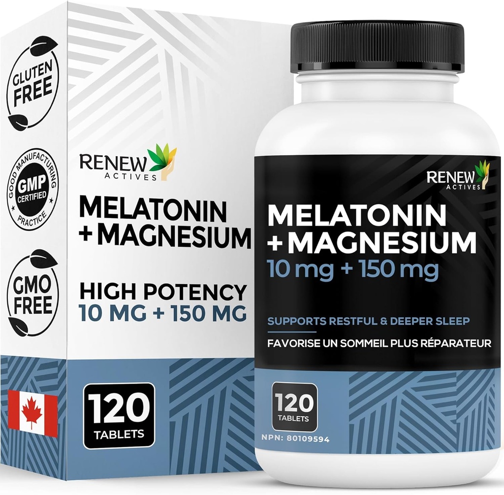 ACTIFS DE RENOUVELLEMENT Mélatonine 10MG avec Magnésium 150MG Aide au sommeil par portion – Supporte le sommeil Onset, Jet Lag Relief, Formation tissulaire et Balance électrolytique pour le sommeil reposant – Fabriqué au Canada – 120 Capsules