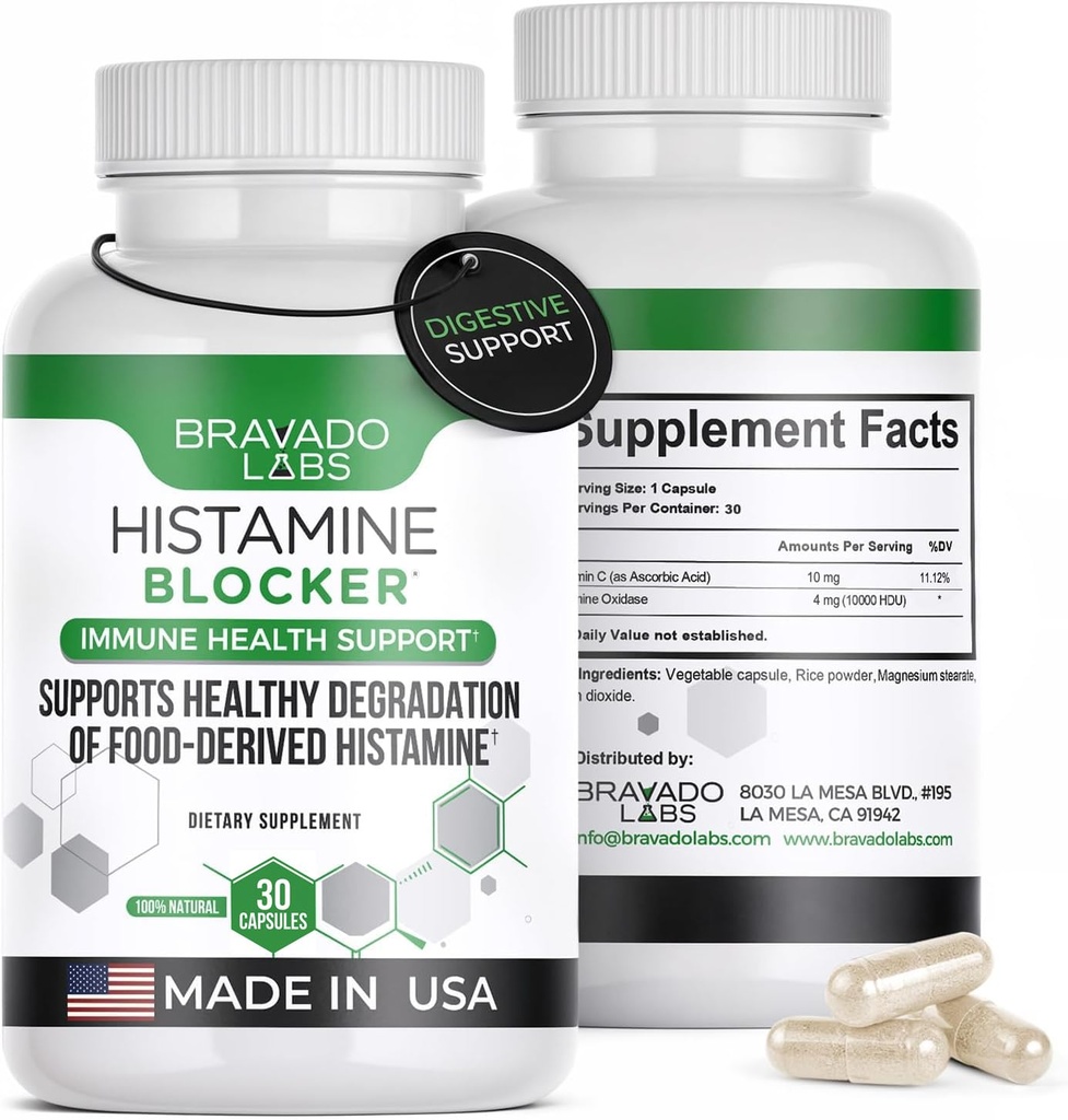 Bravado Labs DAO Suppléments Histamine Blocker - DAO Enzyme + Diamine Oxidase & Vitamine C pour le métabolisme quotidien de l'histamine et le soutien immunitaire - 30 ct