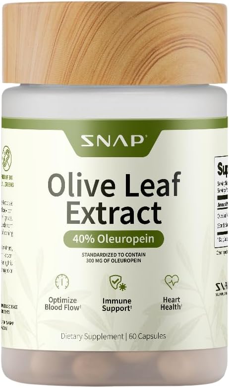 Snap Suppléments Olive Leaf Extract Capsules - Super Strength 40% Oleuropein pour le soutien du flux sanguin, améliorer la digestion, supplément boost antioxydant, améliorer la fonction cérébrale (60 capsules)