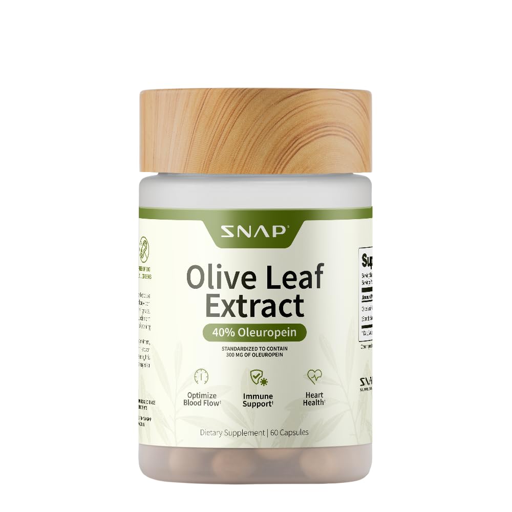 Snap Supplements Olive Leaf Extract Capsules - Super Strength 40% Oleuropein for Blood Flow Support, Improve Digestion, Antioxidant Boost Supplement, Improve Brain Function (60 Capsules)