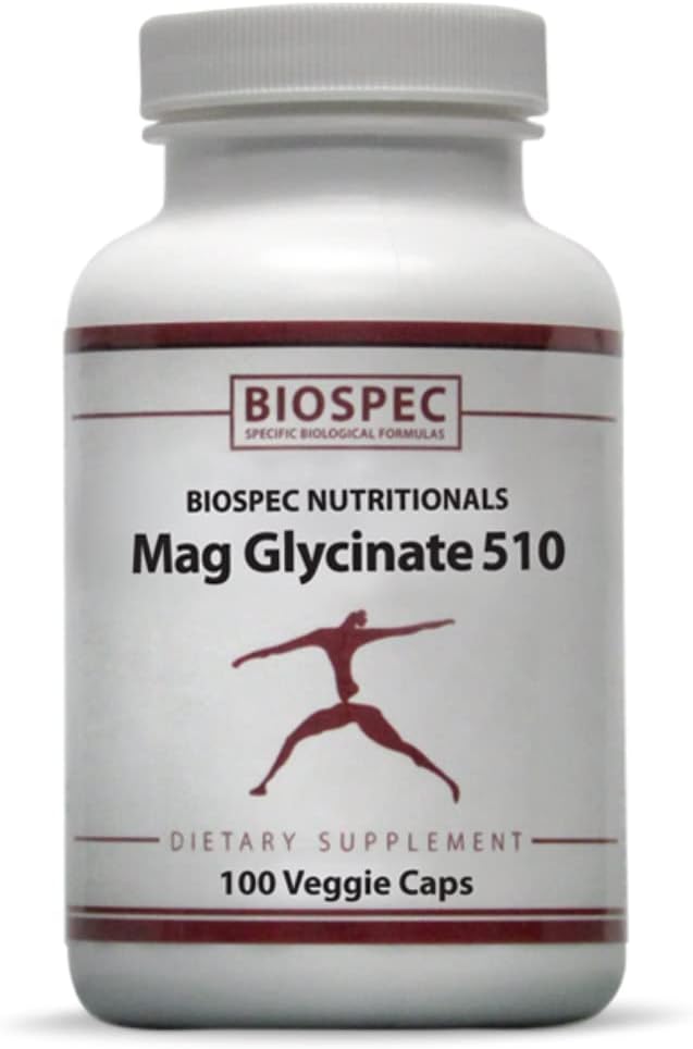 Biospec Nutritionals Mag Glycinate 510 – Magnésium Glycinate – Supplément nutritionnel pour le stress, la santé cardiaque, les nerfs, les muscles, l'énergie et le métabolisme* - (100 capsules)