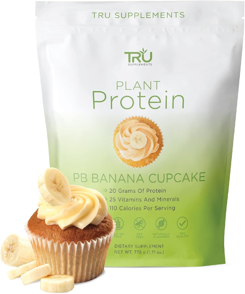 Poudre de protéines à base de plantes TRU, BCAA, EAA, 20g Riz brun végétalien et protéines de pois, 100 calories, 27 vitamines, pas d'arôme artificiel 25 portions (Peanut Butter Banana Cupcake)