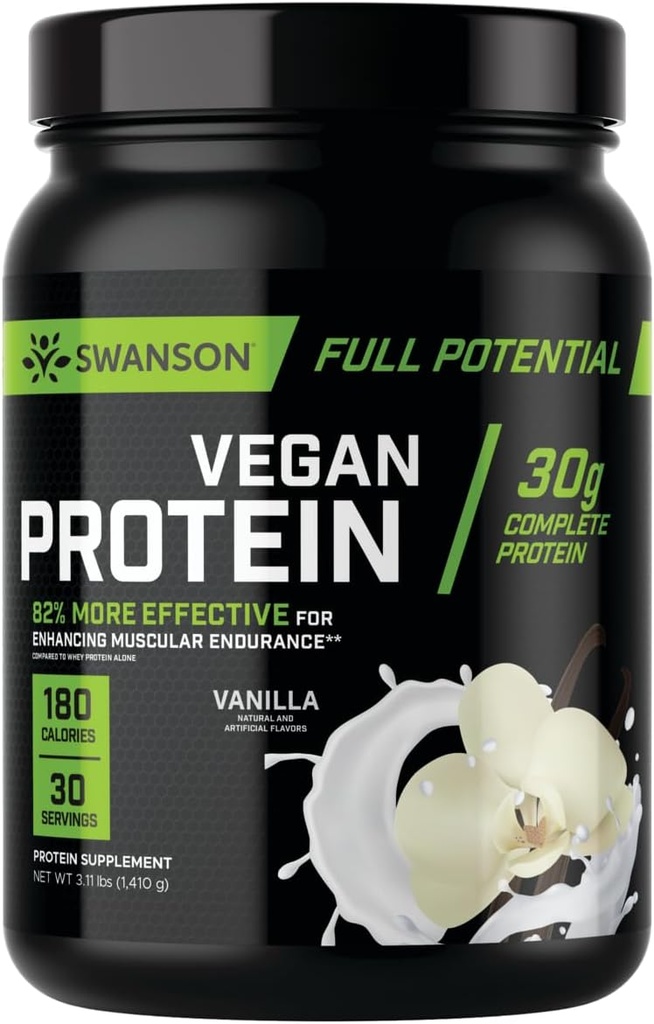 Swanson Protéine végétalienne à potentiel complet - Vanilla Flavor, poudre de protéines végétaliennes entières pour la construction et la récupération des muscles - 30 g