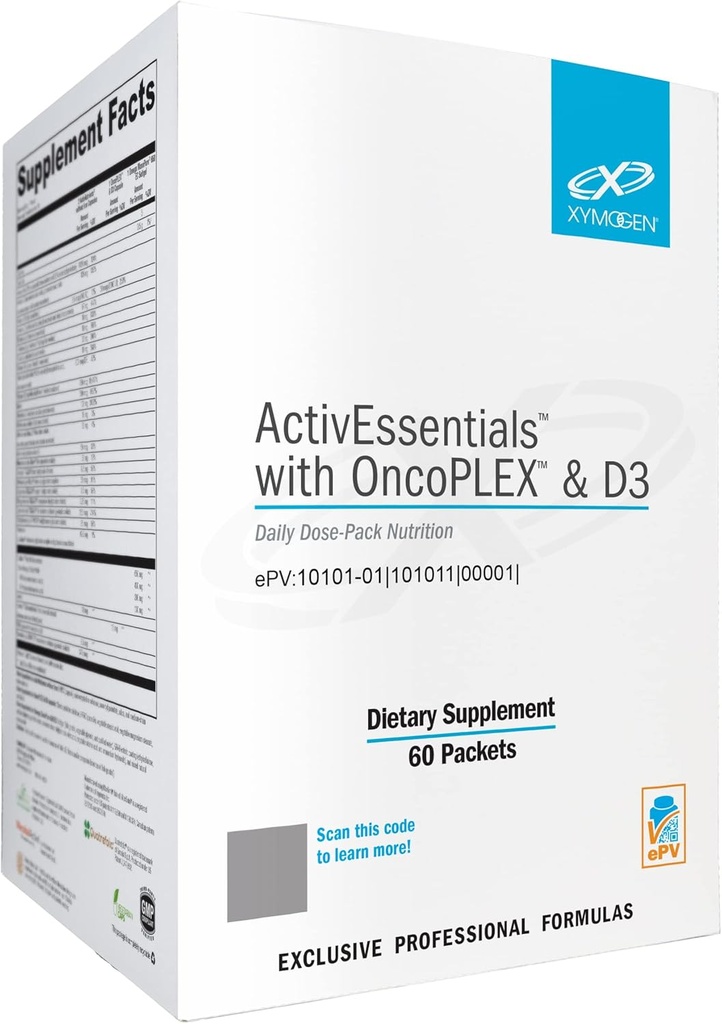 XYMOGEN ActivEssentials with OncoPLEX & D3 - Pack de dose quotidienne Nutrition avec 3 suppléments - ActivNutrients Multivitamine sans fer, 2000 UI Vitamine D3 & Glucoraphanine, Omega-3 Huile de poisson (60 paquets)