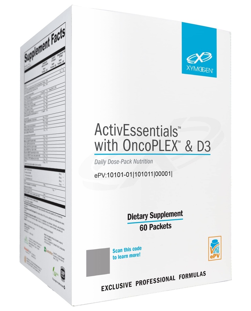 XYMOGEN ActivEssentials with OncoPLEX & D3 - Pack de dose quotidienne Nutrition avec 3 suppléments - ActivNutrients Multivitamine sans fer, 2000 UI Vitamine D3 & Glucoraphanine, Omega-3 Huile de poisson (60 paquets)