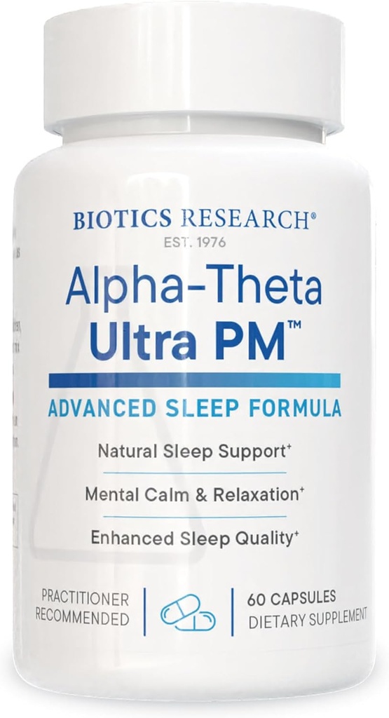 Recherche en biotique Alpha Theta Ultra PM L Theanine, Passionflower, Lemon Baume, soutient GABA, sérotonine, régule les rythmes circadiens, 60 Capsules