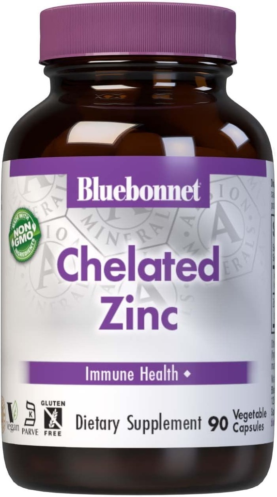 Bluebonnet Nutrition Albion Zinc chélaté, pour la santé immunitaire et la fonction enzymatique*, sans soja, sans gluten, non-OGM, certifié Casher, sans lait, végétalien, 90 capsules végétales, 90 portions