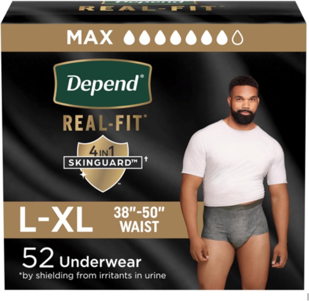 Depend Real Fit Pipes Adultes, Incontinence Sous-vêtements pour hommes, Jetable, Absorbance Maximale, Large/Extra Large, 52 Compte (2 Packs de 26), Emballage Mai Varier